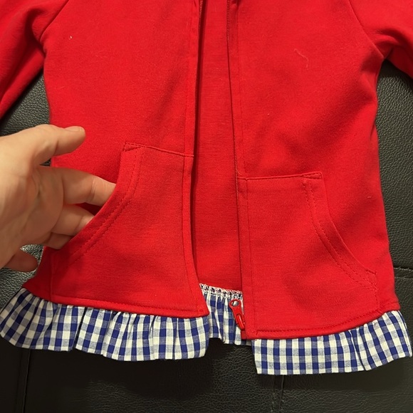 Red Hooded Jacket with Checkered Trim - Picture 3 of 5